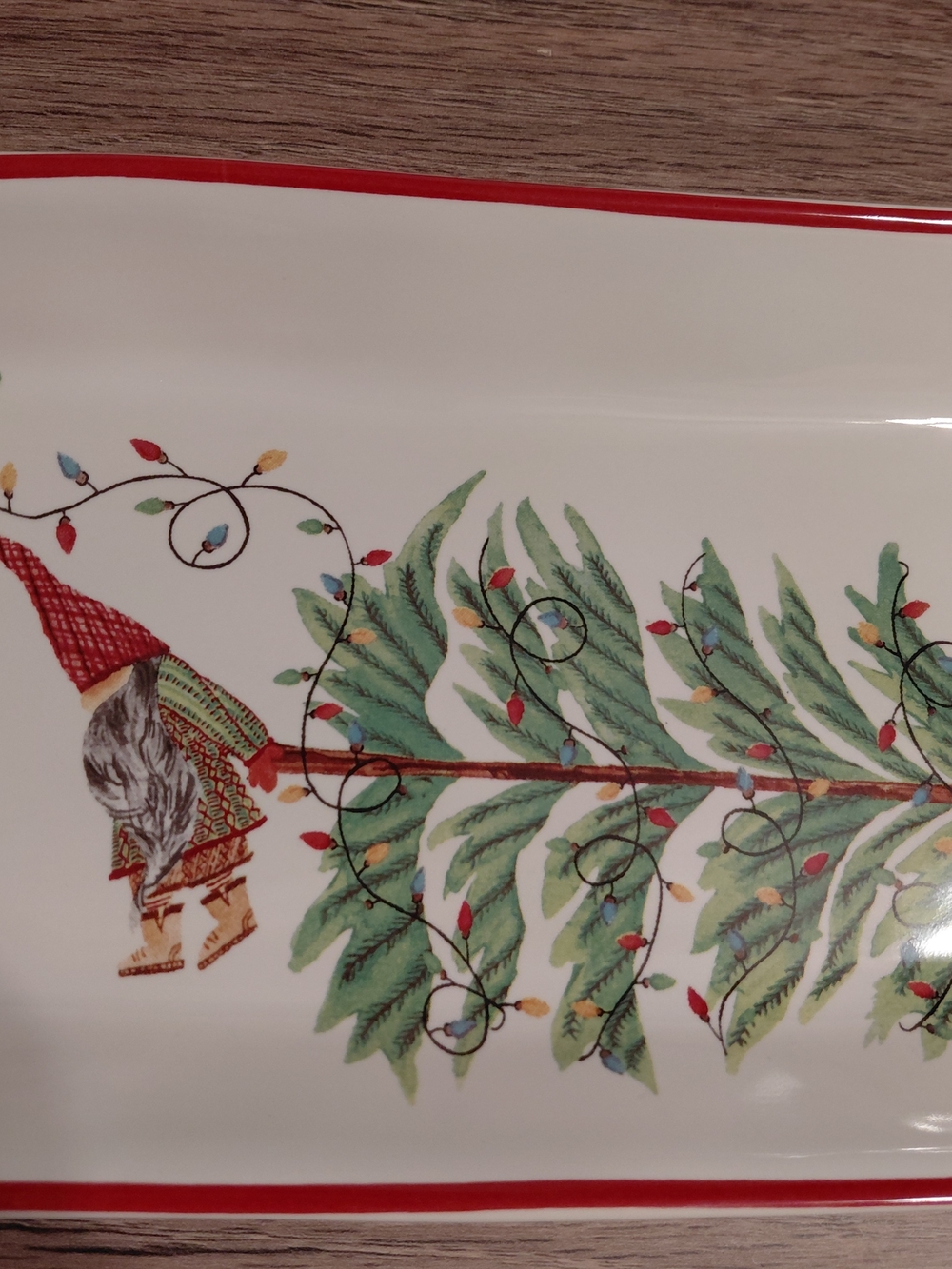 Pottery Barn Holiday Gnome Serving Platter - White with Red Trim